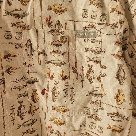 Woolrich Vintage Fly Fishing All Over Print Short Sleeve Button Down Tan Medium - Picture 4 of 9